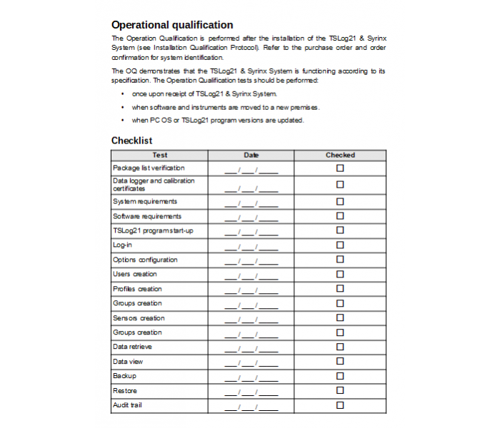 IQ/OQ/PQ TSLog21 Protocols