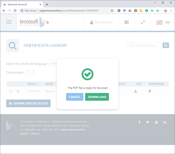 Calibration Certificate for Tecnosoft logger Generation