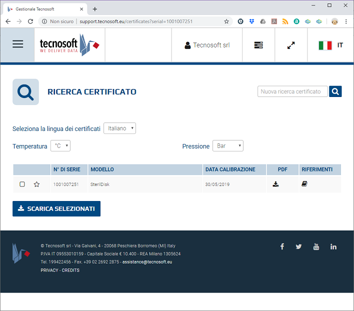 Lista dei Certificati dei Logger Tecnosoft Online