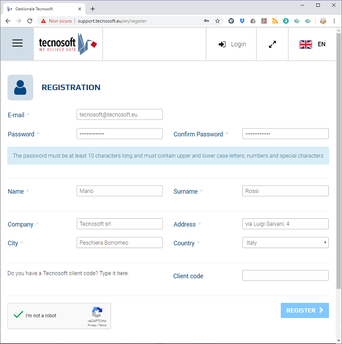 Registration Data in Tecnosoft Assistance Website