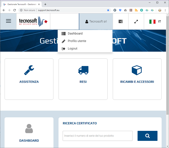 Selezione Dashboard Certificati Tecnosoft Online